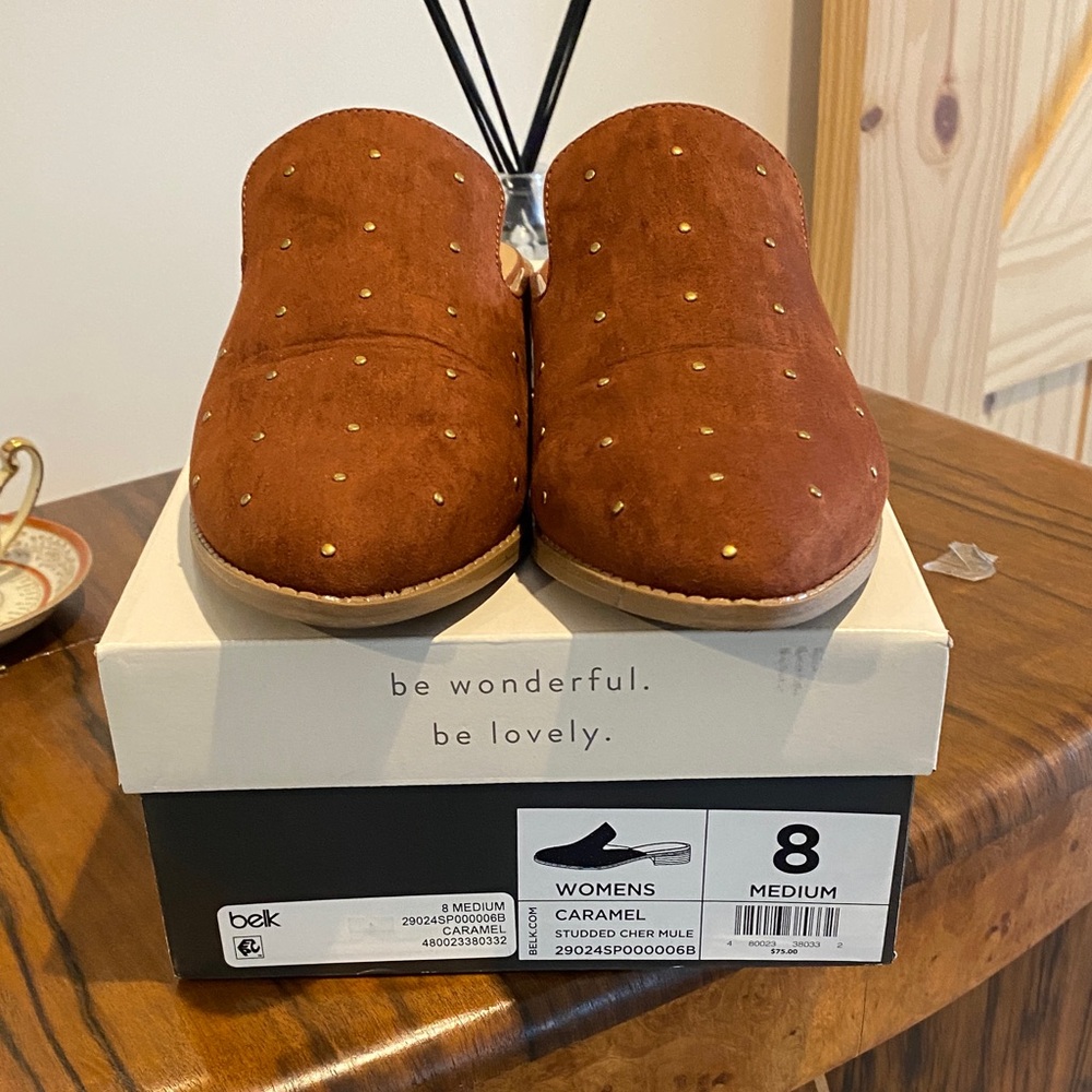 Wonderly Caramel Studded Mules, size 8